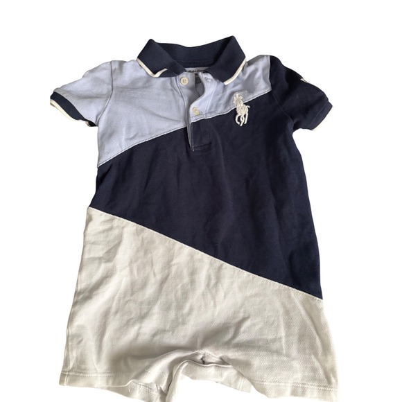 Ralph Lauren Other - Ralph Lauren Baby Boy Colorblock Big Pony Polo Romper Navy Blue White 18M